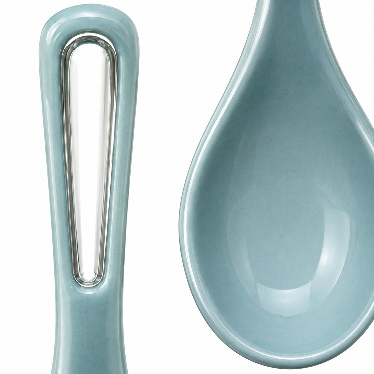Detailed view of blue ceramic finish on spoon rest.