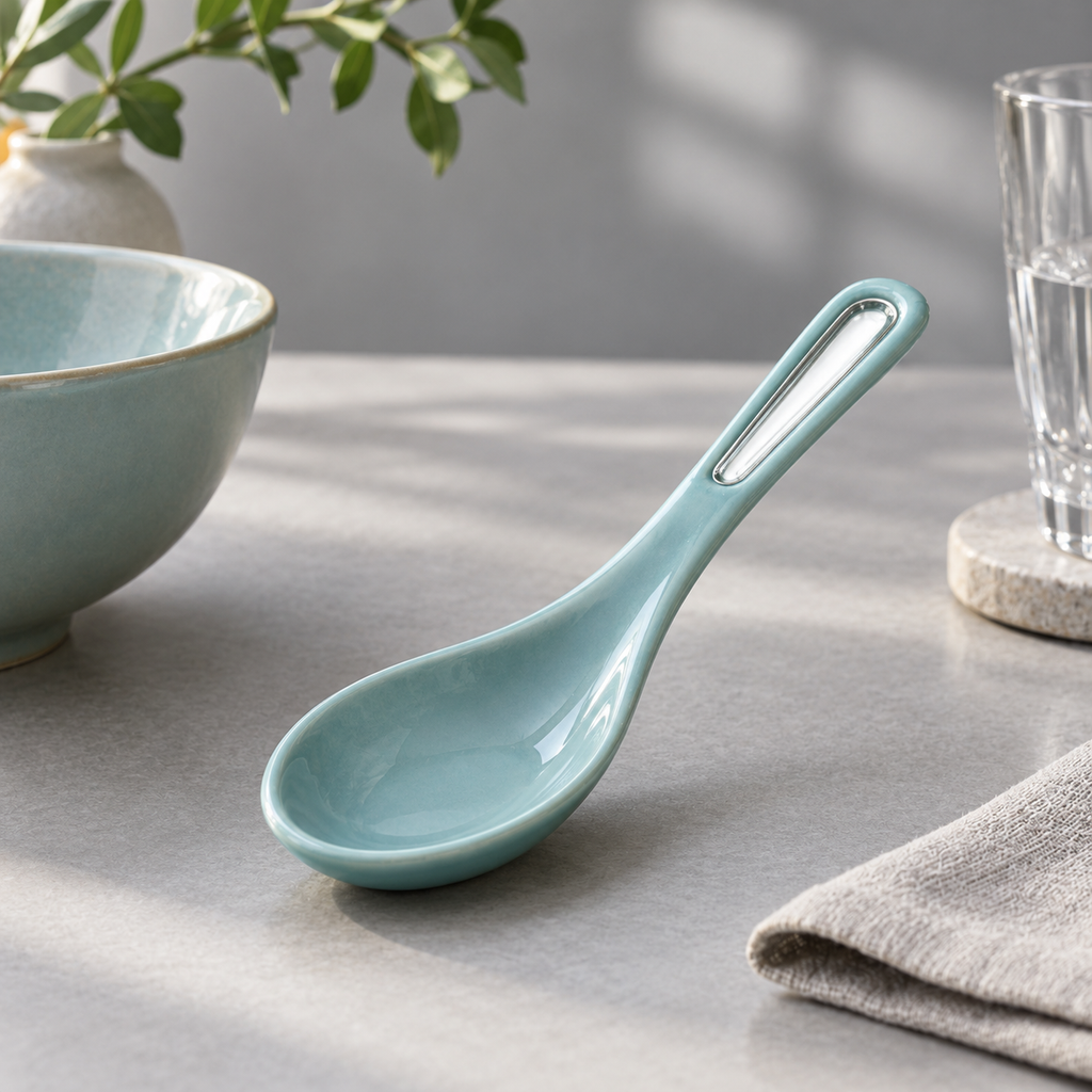 Side angle of blue ceramic spoon rest by Remoxila.