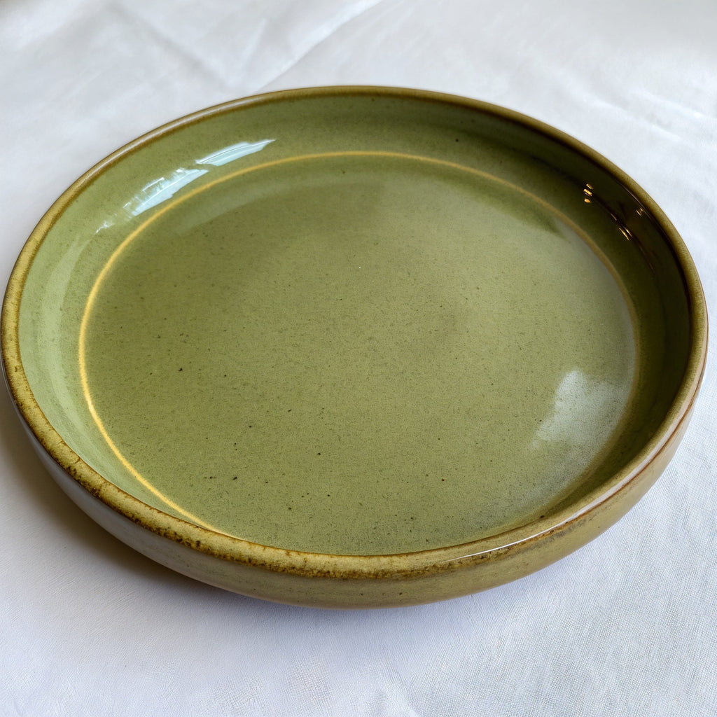 Remoxila Olive Green Plate — three-quarter angled view showing full top face and rim