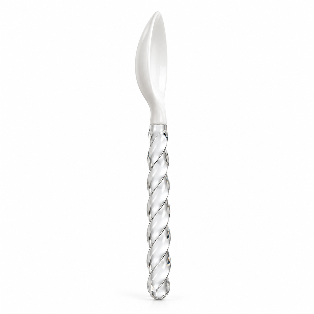 Close-up of twisted glass handle on spoon