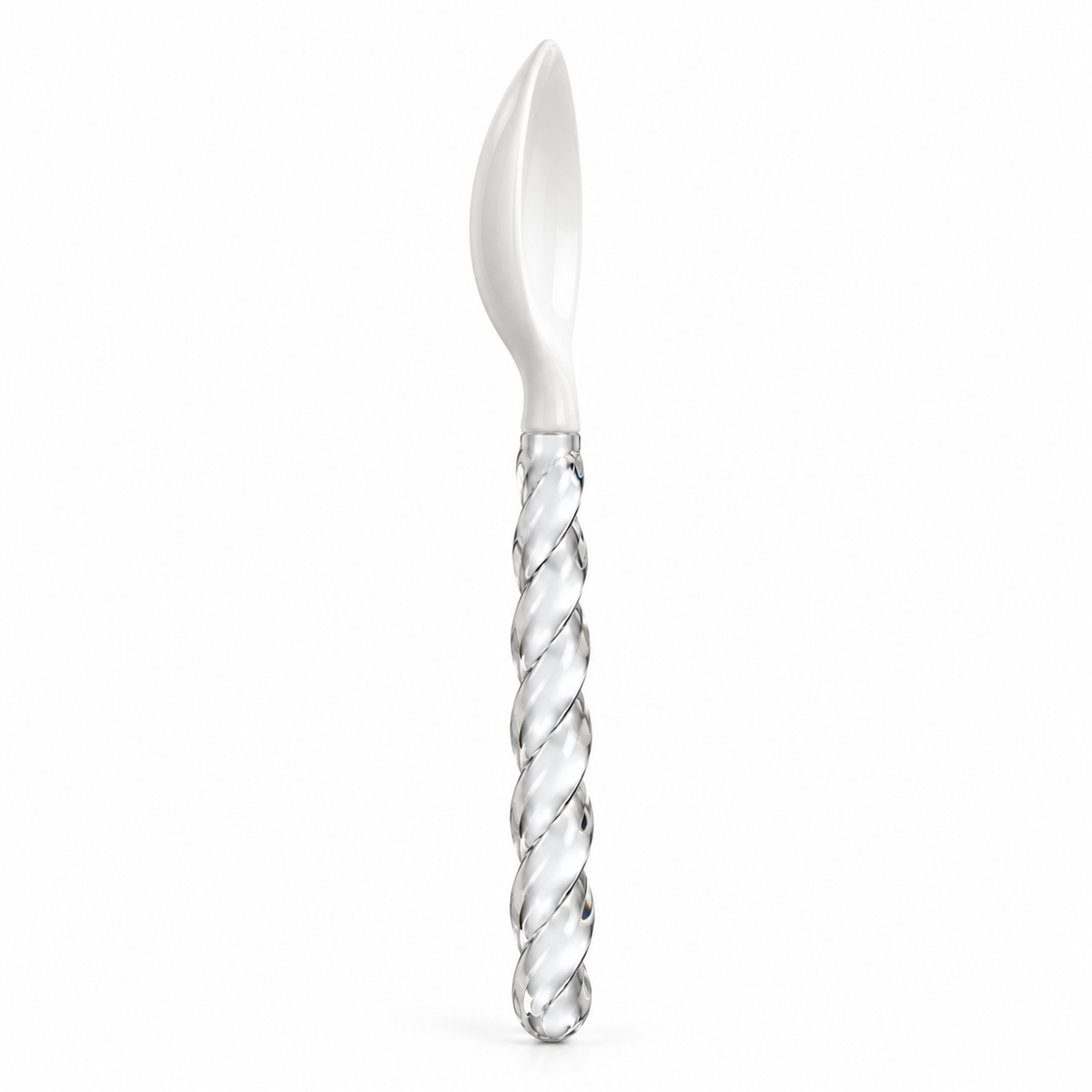 Close-up of twisted glass handle on spoon