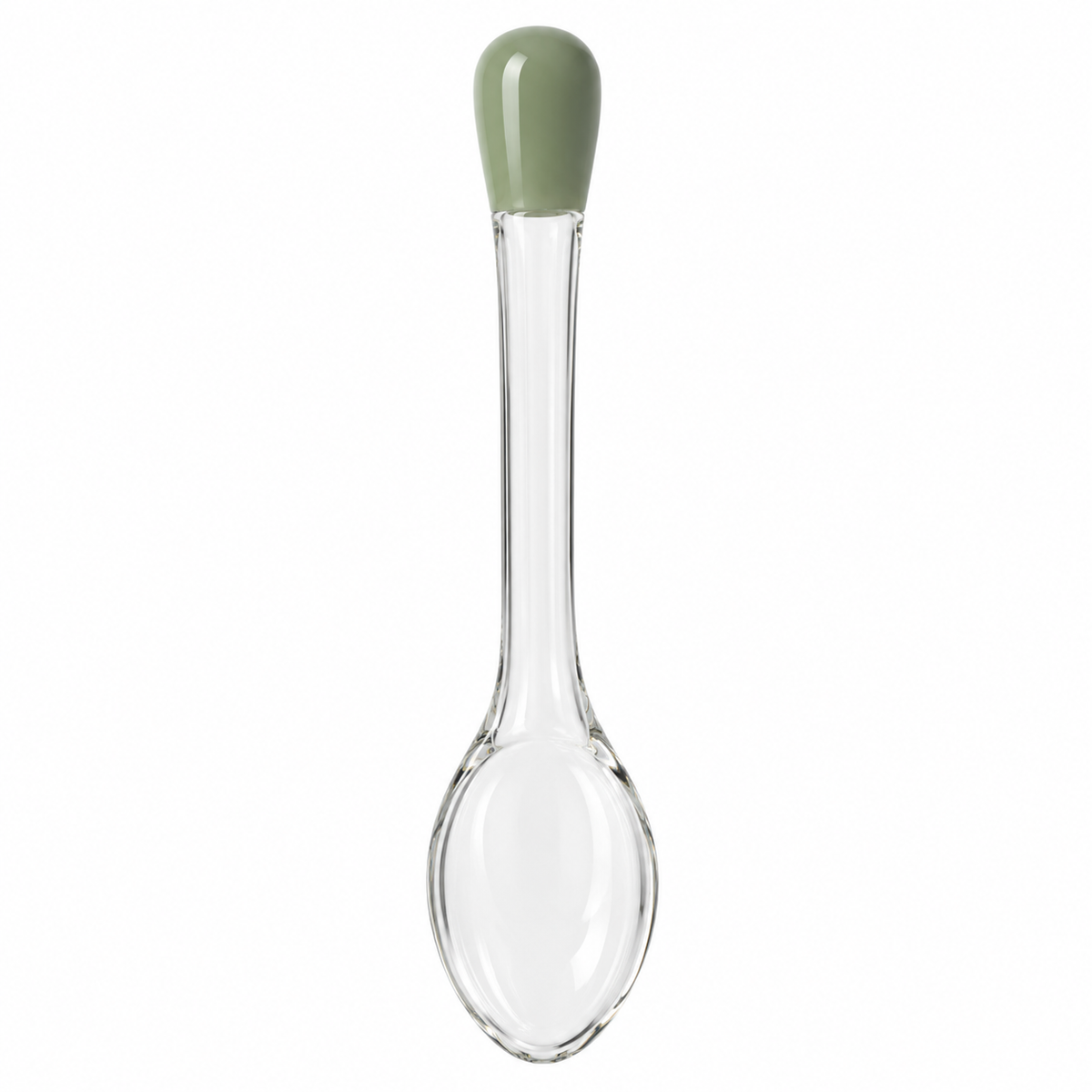 Glass spoon with green handle, front view