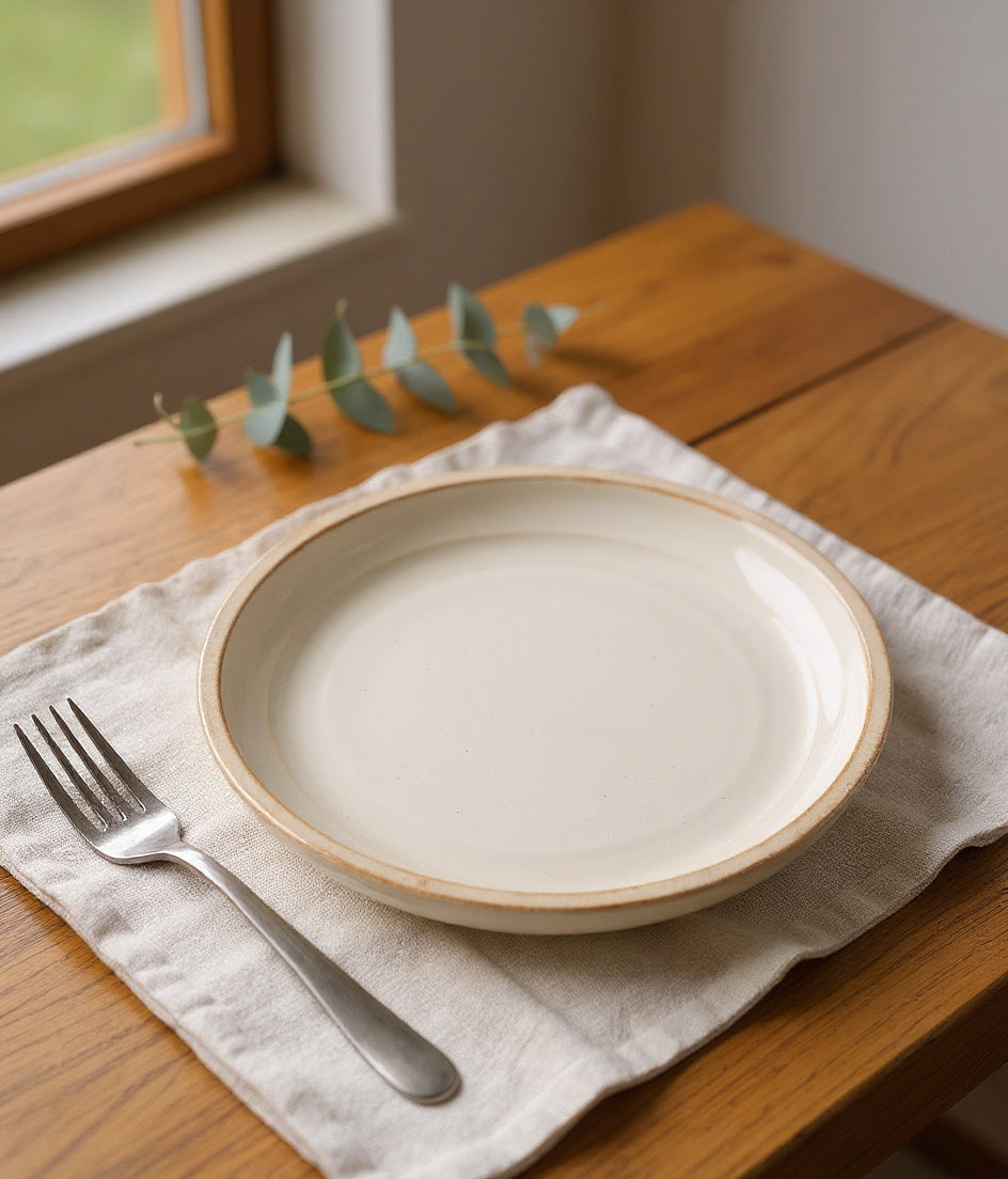 Remoxila Pure White stoneware plate on a warmly set dining table
