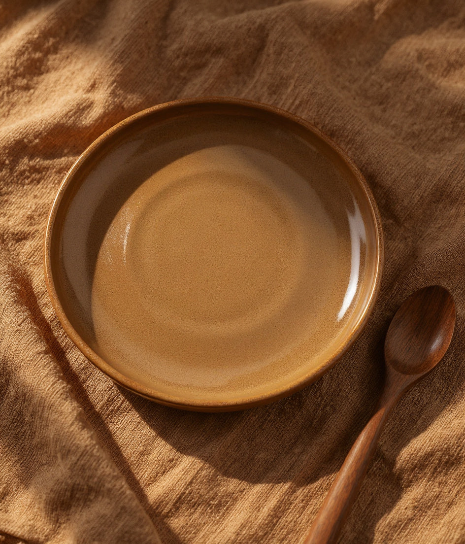 Remoxila Earthy Matte stoneware plate on rustic linen with warm side light