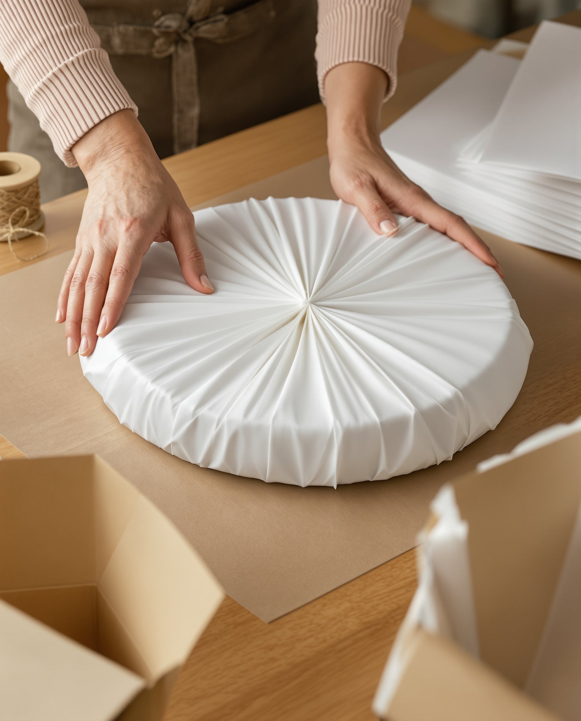 Hands wrapping a stoneware plate in soft protective paper at the packing bench